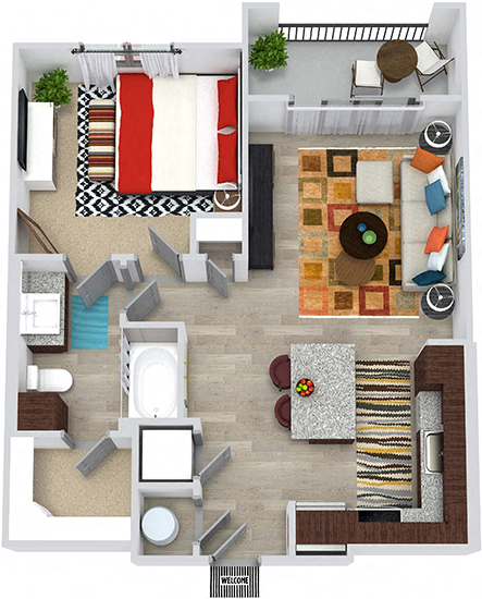 Floor plan for 1 bed, 1 bath, 723 sqft